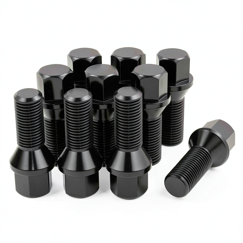 Installing LUJIANI M14x1.5 black oxide wheel lug bolts (pack of 10) on a garage workbench, showing the 28mm shank and 17mm hex head