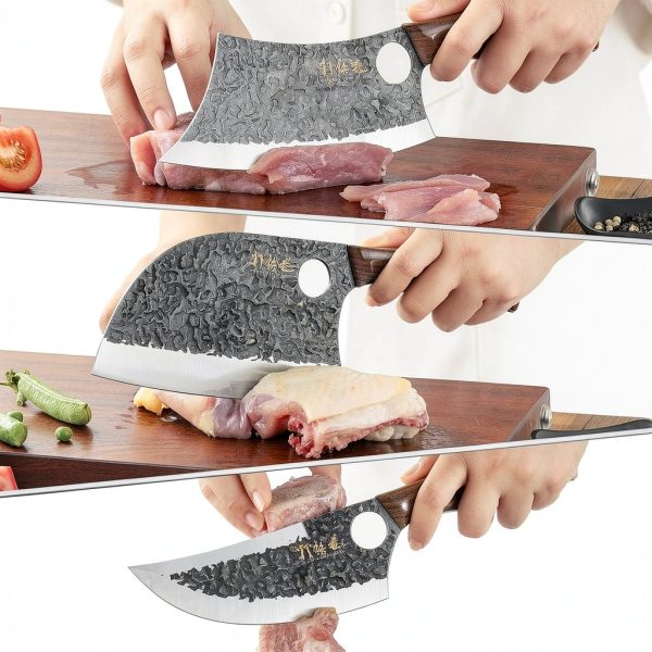 3PCS Butcher Knife Set, 7" Butcher Meat Cleaver, 7" Serbian Chef Knife and 6.5" Viking Knife, Hand Forged Kitchen Knife Set with Plastic Handle, Geat for Home, Camping, BBQ (Unique Finger Hole Design)-3