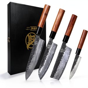 MITSUMOTO SAKARI Japanese Chef's Knife Set 4 Pcs, Professional Hand Forged Kitchen Chef Knife Set, High Carbon Ultra Sharp Cooking Chefs Knife Set (Rosewood Handle & Sandalwood Box)-0