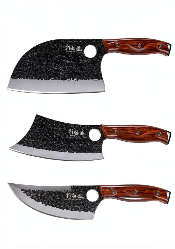 3PCS Butcher Knife Set, 7" Butcher Meat Cleaver, 7" Serbian Chef Knife and 6.5" Viking Knife, Hand Forged Kitchen Knife Set with Plastic Handle, Geat for Home, Camping, BBQ (Unique Finger Hole Design)-1
