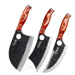 3PCS Butcher Knife Set, 7" Butcher Meat Cleaver, 7" Serbian Chef Knife and 6.5" Viking Knife, Hand Forged Kitchen Knife Set with Plastic Handle, Geat for Home, Camping, BBQ (Unique Finger Hole Design)-0