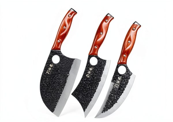 3PCS Butcher Knife Set, 7" Butcher Meat Cleaver, 7" Serbian Chef Knife and 6.5" Viking Knife, Hand Forged Kitchen Knife Set with Plastic Handle, Geat for Home, Camping, BBQ (Unique Finger Hole Design)-0