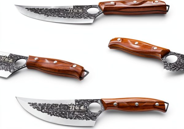 3PCS Butcher Knife Set, 7" Butcher Meat Cleaver, 7" Serbian Chef Knife and 6.5" Viking Knife, Hand Forged Kitchen Knife Set with Plastic Handle, Geat for Home, Camping, BBQ (Unique Finger Hole Design)-7